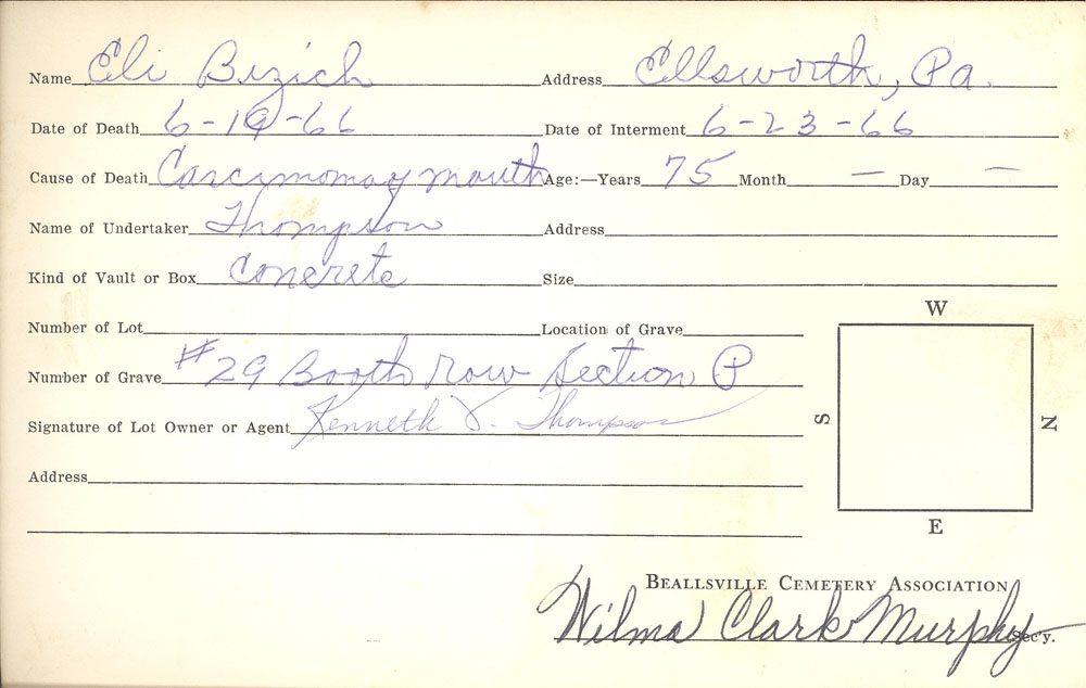 Eli Bizich burial card